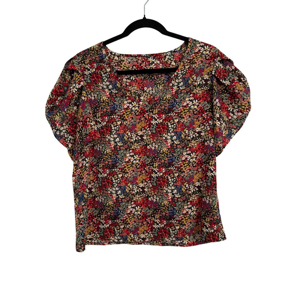 Shein Women's M Boho Chic Floral Puff Short Sleeve Blouse Fall Bloom Cottagecore